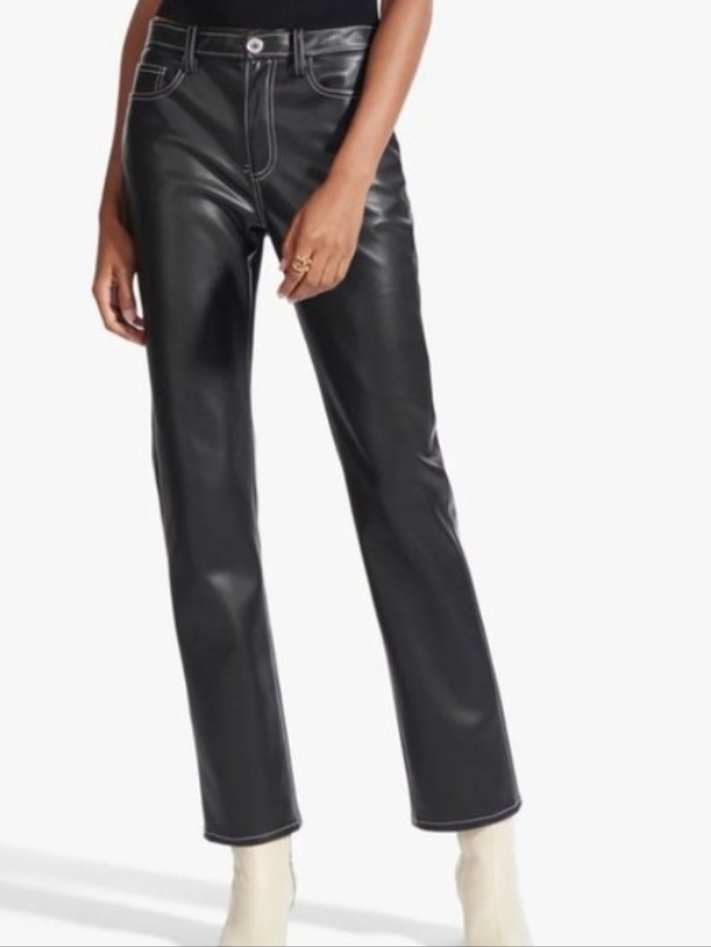 Staud Elliot Faux Leather Pants Black With White Stitching Sz 8